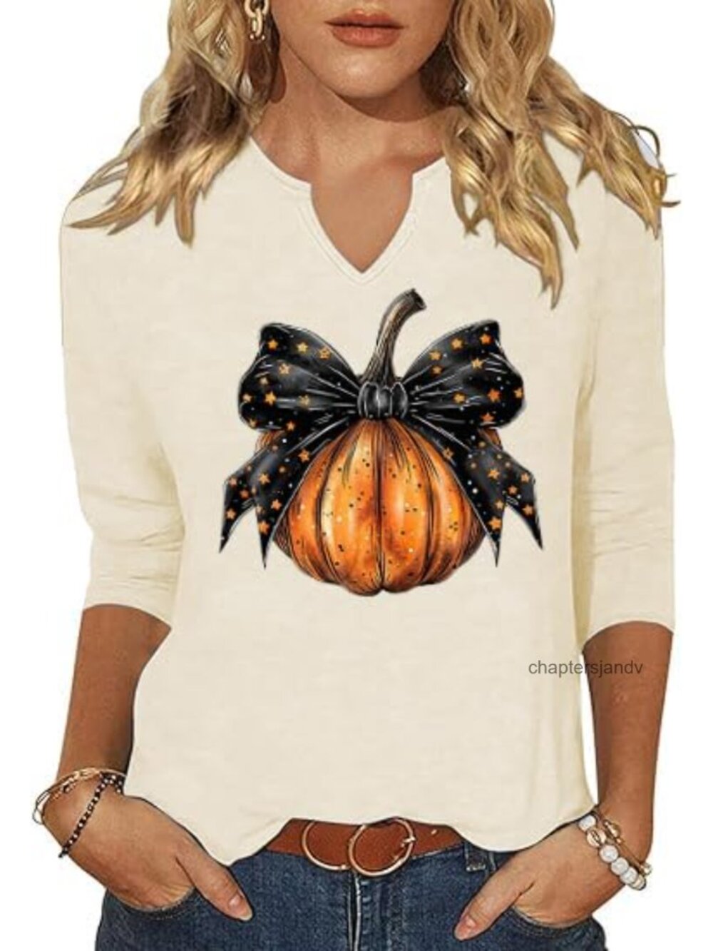 Women 3/4 Sleeve V Neck Halloween Graphic Blouse Casual Fall Tee